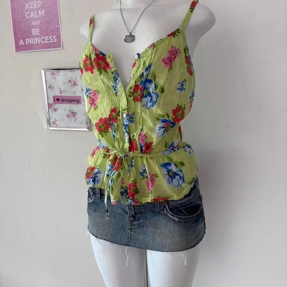 Rare Y2K Abercrombie & Fitch Floral Tank Top – Lime Green Babydoll Style - Picture 7 of 7